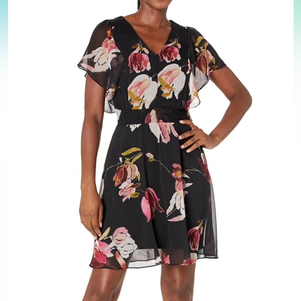 NWT DKNY Women's Smocked Waist Chiffon V-Neck Dress Size 14